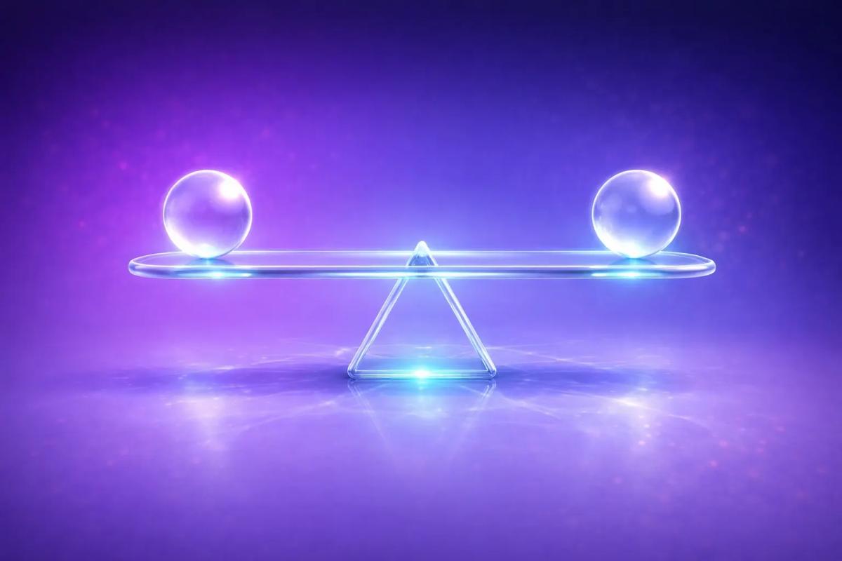 Balanza 3D traslúcida representando el equilibrio emocional en el trading