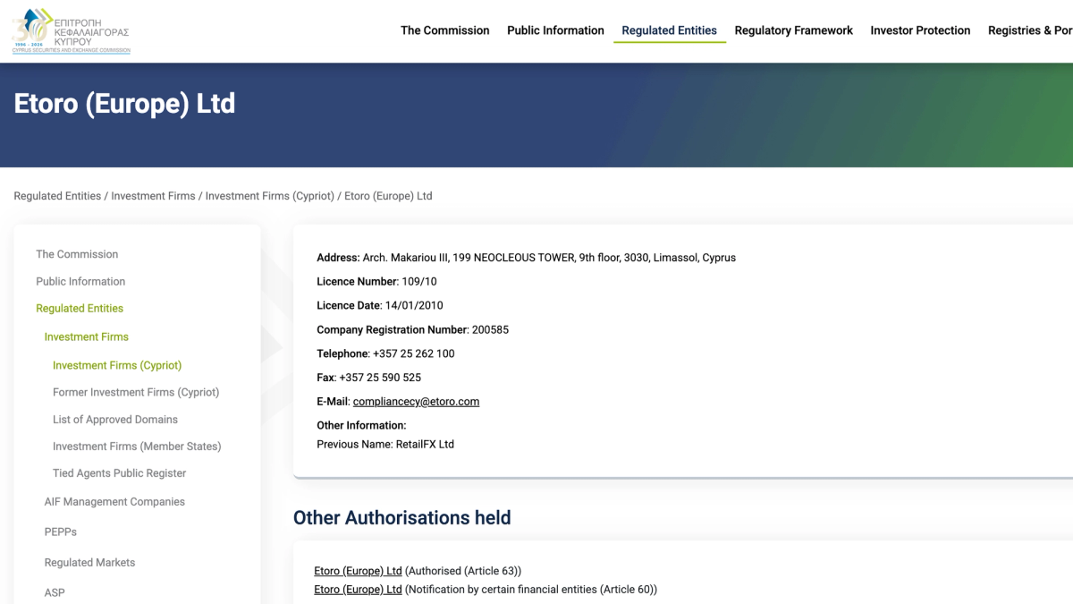 Registro CySEC con i dettagli di eToro (Europe) Ltd e licenza CIF 109/10