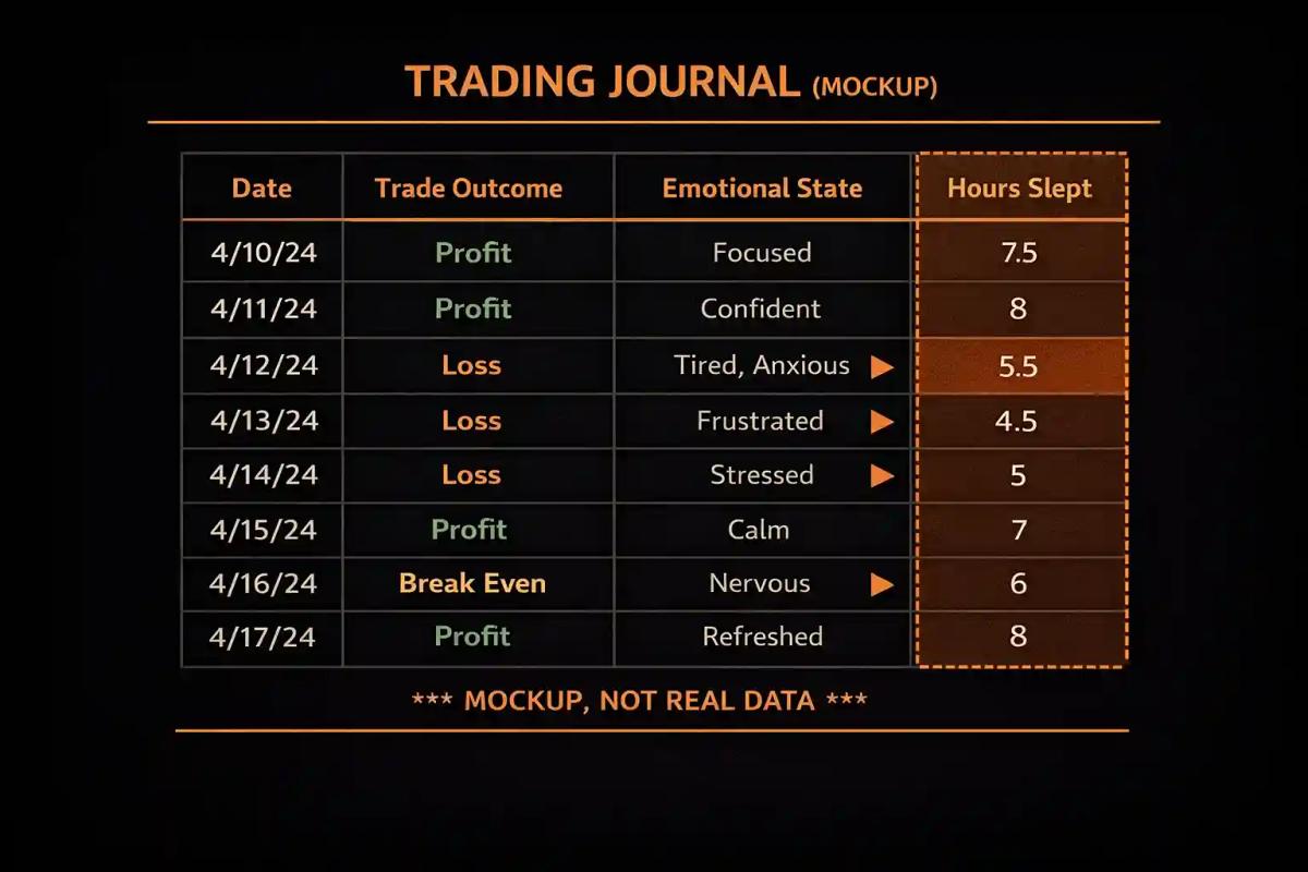 Sample trading journal mockup with sleep hours column showing correlation between poor sleep and trading outcomes