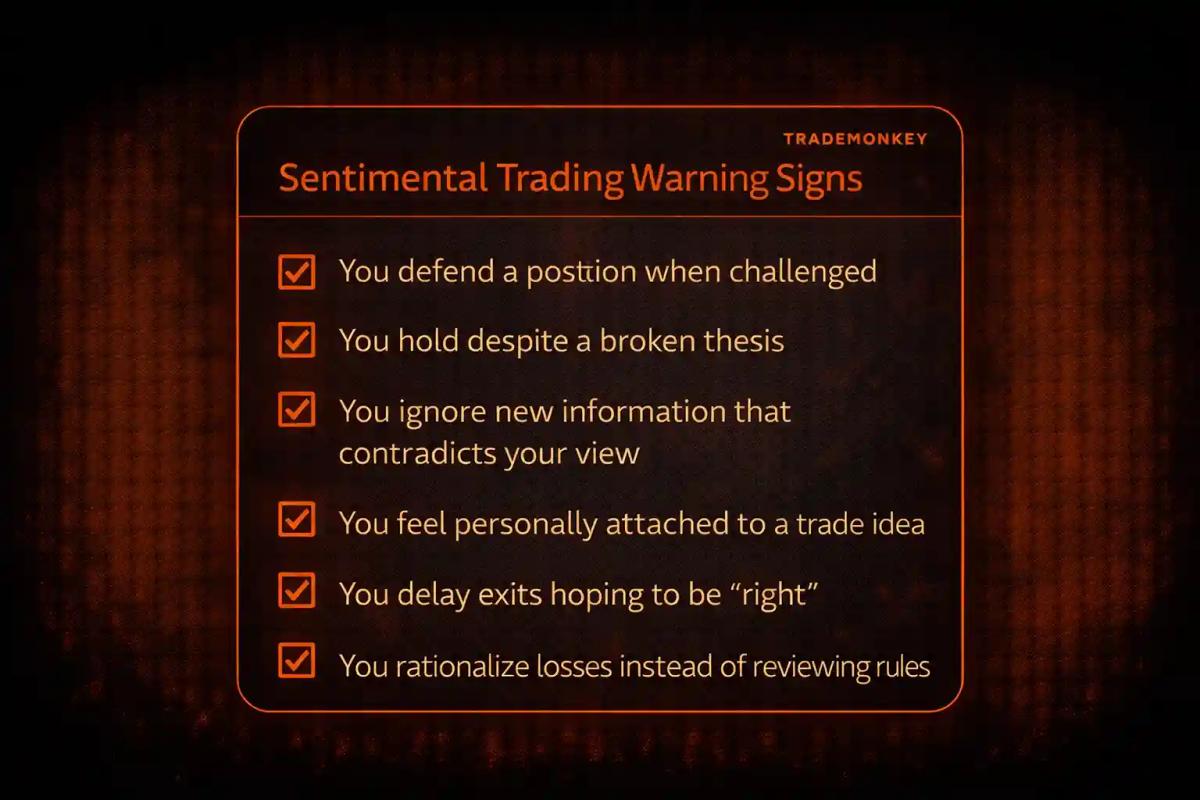 assessment checklist card with warning signs of sentimental trading bias for traders