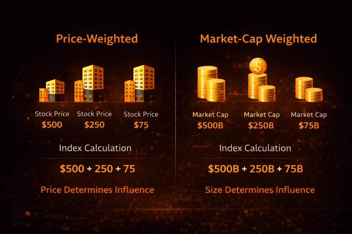 Diagram comparing price-weighted and market-cap weighted index calculation methods
