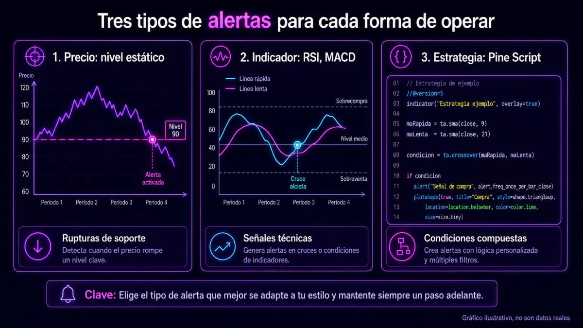Tabla comparativa de tres tipos de alertas con ejemplos visuales: nivel de precio fijo, cruce de indicador RSI, y estrategia