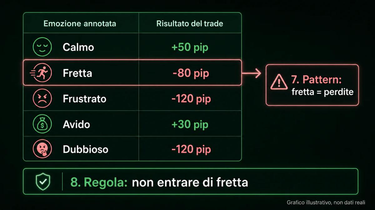 Colonna di diario di trading con emozioni annotate e risultati correlati, che mostra il pattern ricorrente tra fretta e perdi