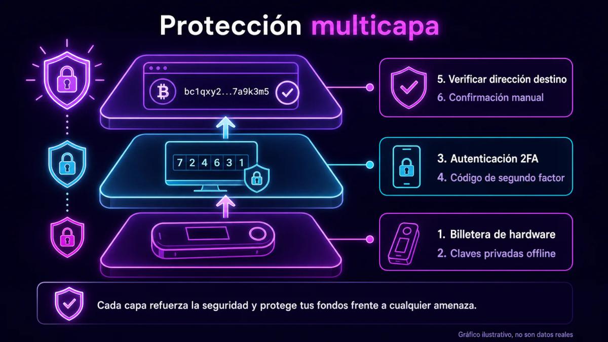 Flujo de seguridad en capas: billetera hardware, autenticación de dos factores y verificación de dirección