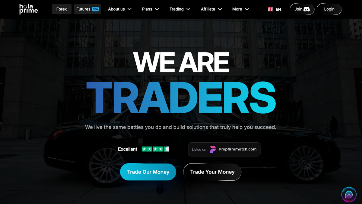 Homepage di Hola Prime con hero, claim sul prop trading e pulsanti per iniziare la challenge
