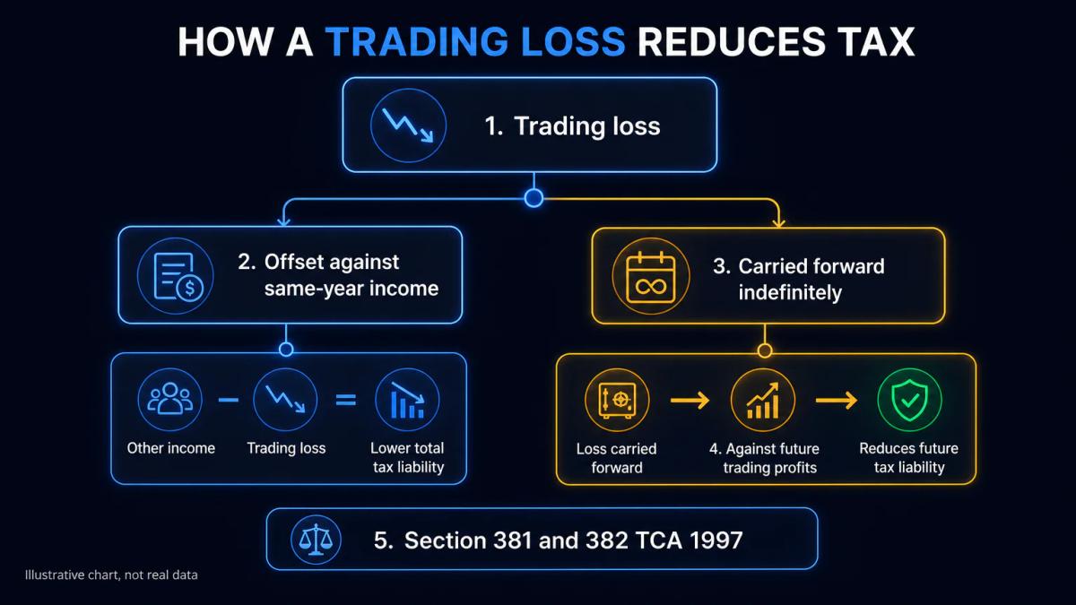 Two offset paths showing trading losses applied to same-year income and carried forward indefinitely against future profits
