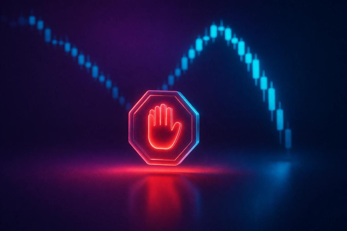 Señal de stop 3D en vidrio esmerilado frente a gráfico de caída con resplandor rojo suave, representando el peligro del trading de venganza
