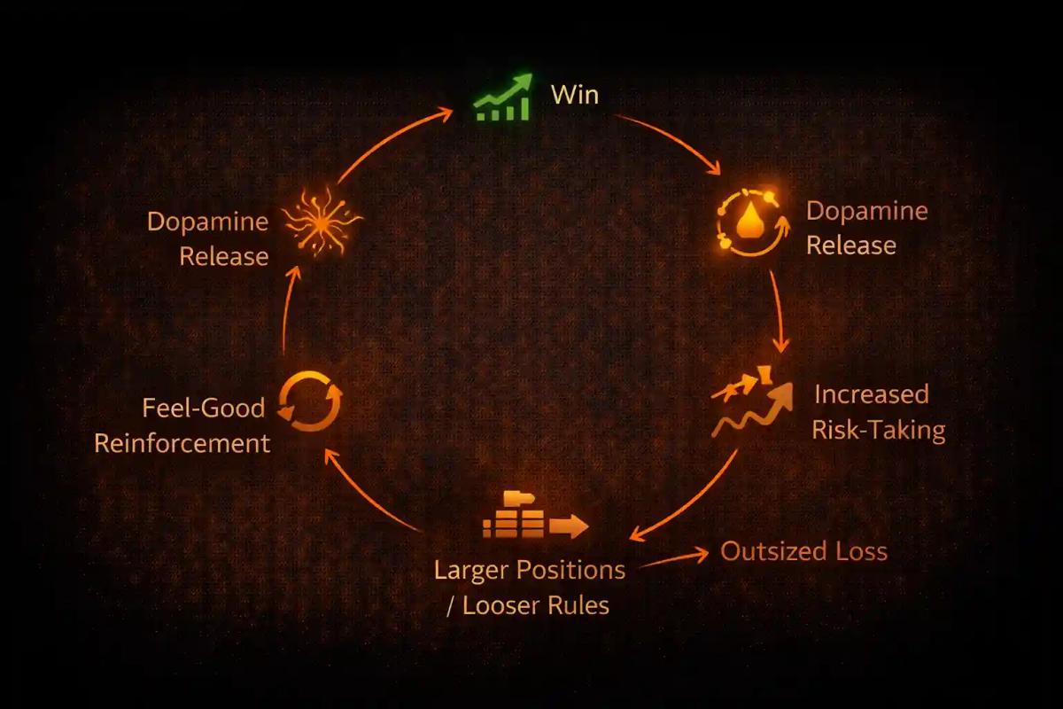 Diagram showing the dopamine-overconfidence cycle in trading_ win triggers dopamine, leading to increased risk-taking