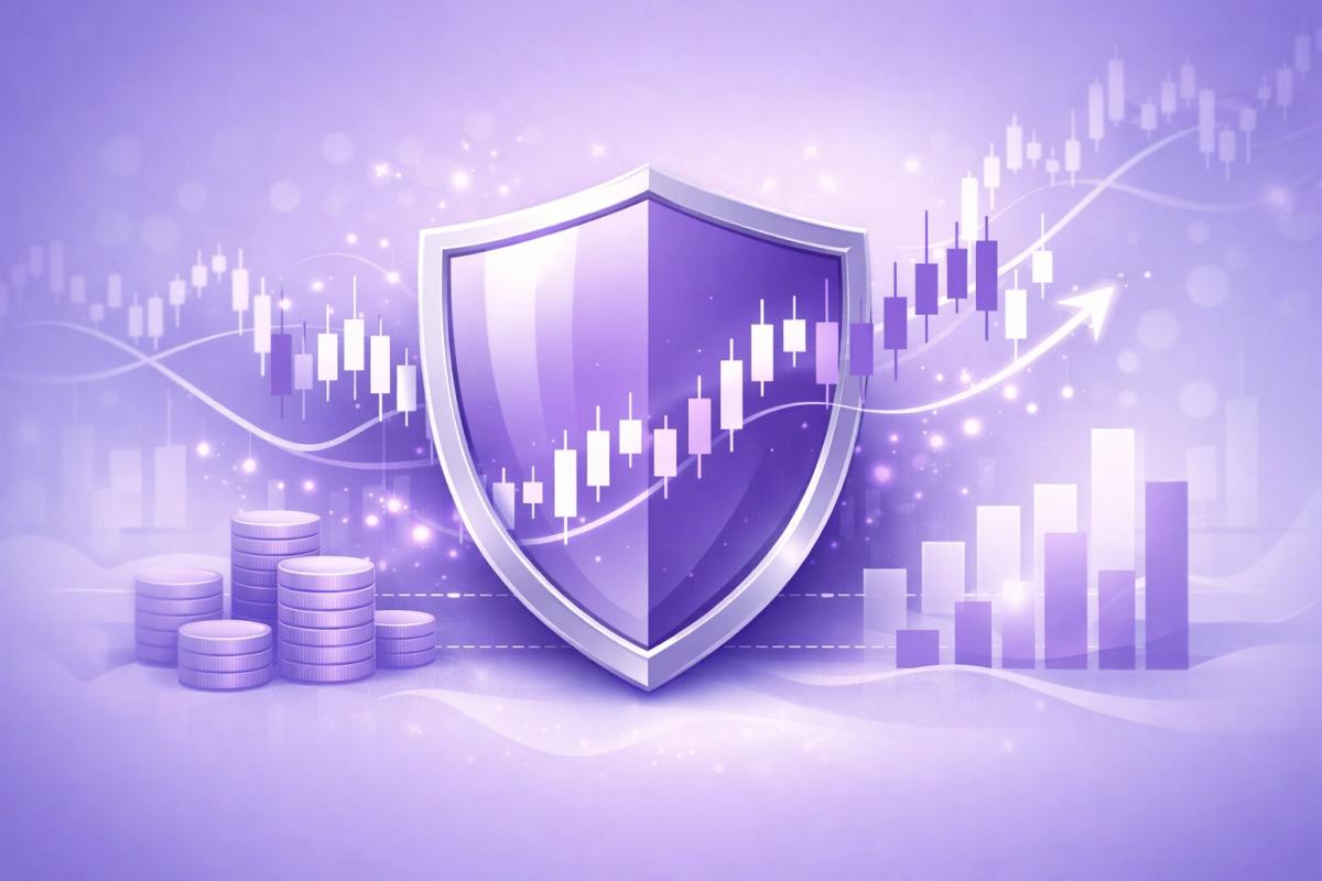 Ilustración conceptual de un escudo protegiendo una gráfica de trading con velas japonesas