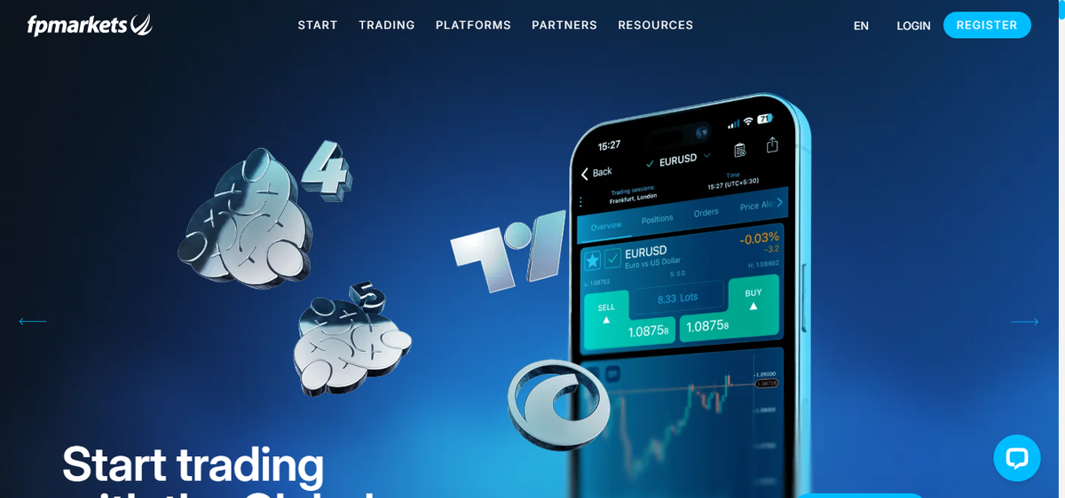Página principal de FP Markets en español con banner y notas regulatorias en el pie