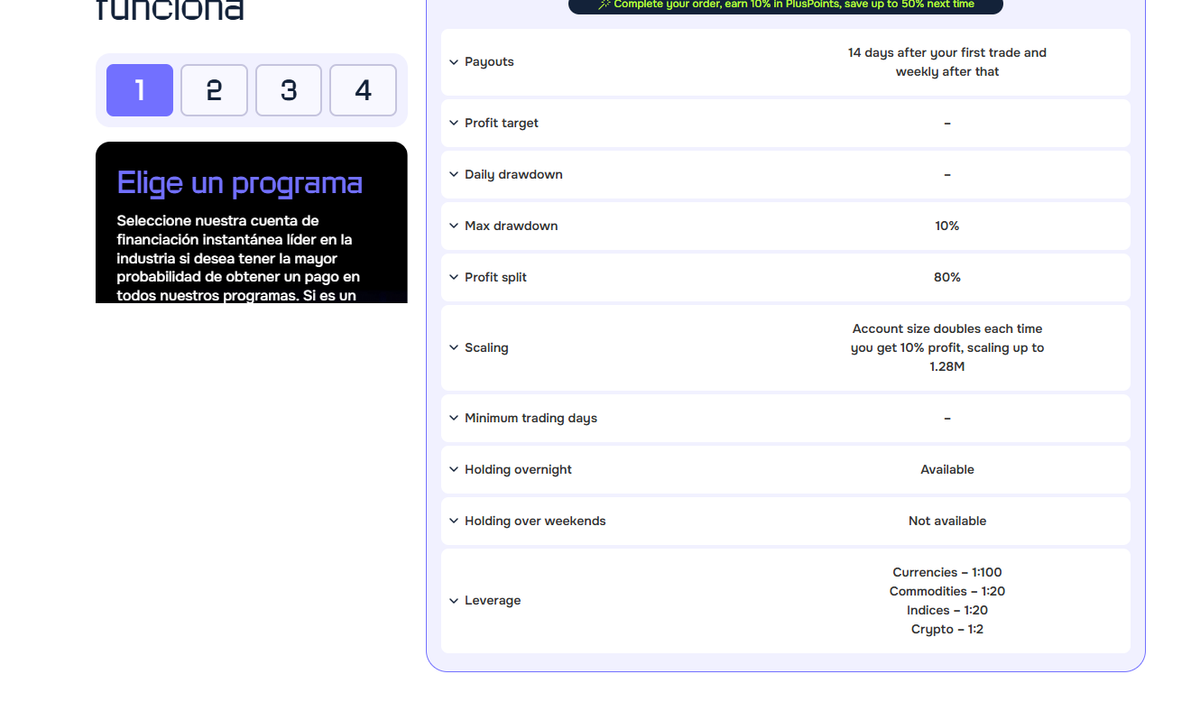 Sección de reglas con Smart Drawdown, drawdown total y requisitos para habilitar retiros