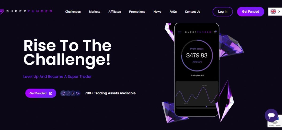 SuperFunded homepage showing Rise To The Challenge tagline and prop firm challenge features