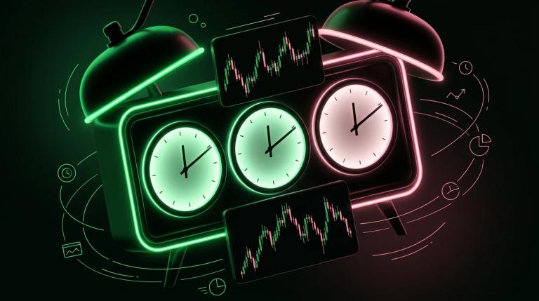 Orologio digitale che mostra orari diversi su tre quadranti sovrapposti, con grafici di prezzo che si muovono a velocità dive