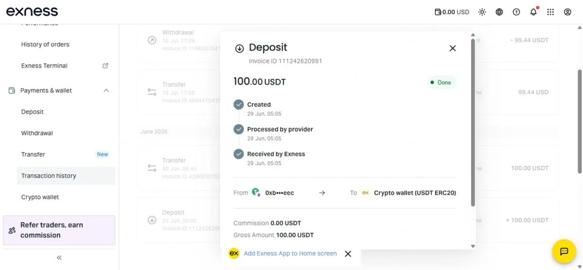 Exness deposit confirmation showing 100 USDT credited with 0.00 commission
