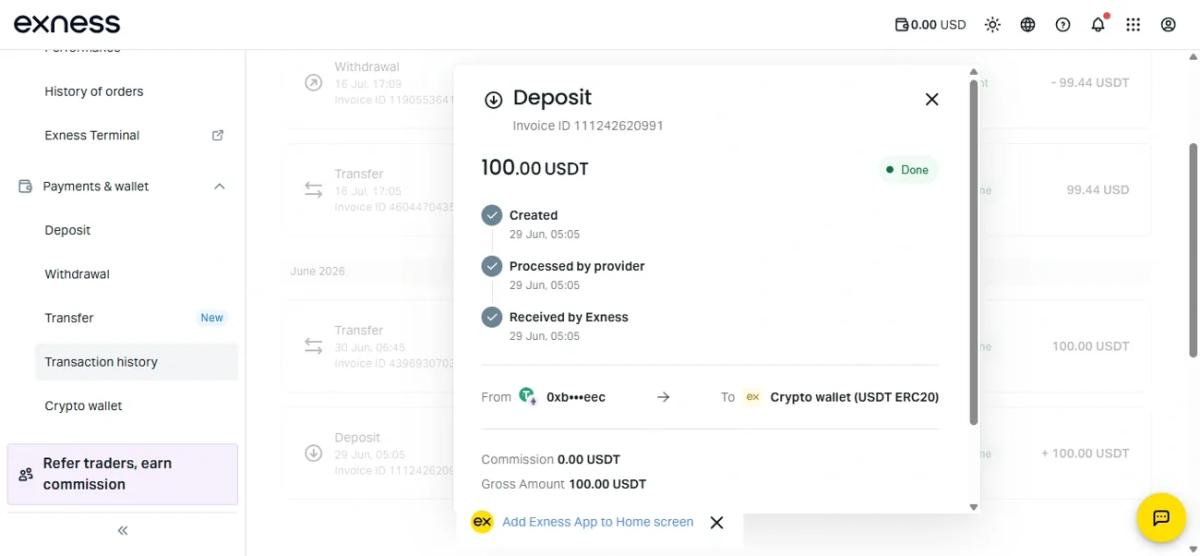 Exness deposit confirmation showing 100 USDT credited with 0.00 commission