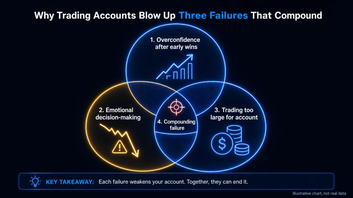 Three overlapping circles labeled overconfidence, emotional trading, and insufficient capital, showing how they compound trad