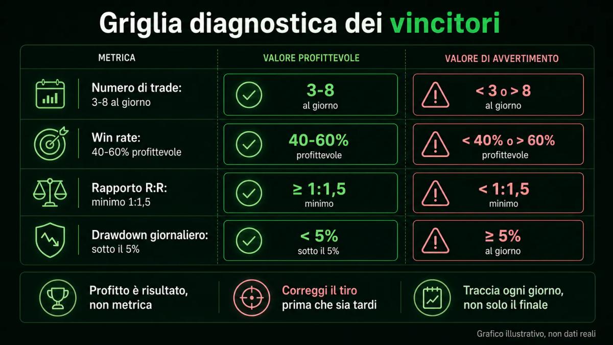 Griglia di quattro metriche quotidiane: numero di trade, win rate, rapporto rischio-rendimento e drawdown giornaliero