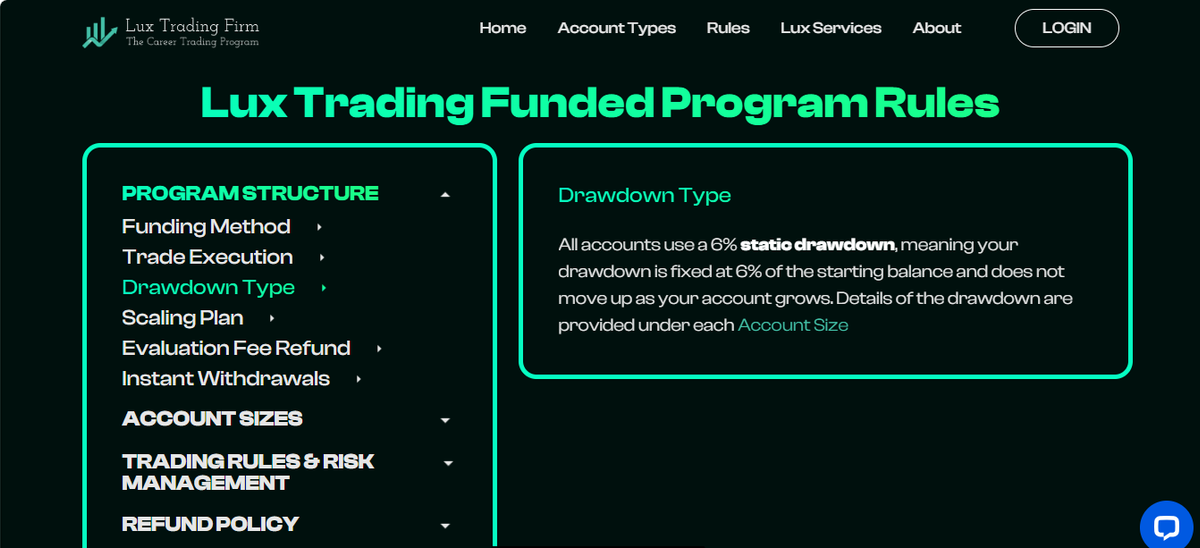 Sezione regole della valutazione con drawdown trailing su equity e limiti principali