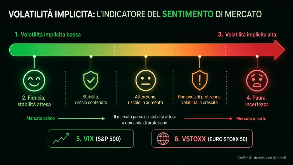 Scala di volatilità implicita che va da bassa a alta, con icone di sentimento di mercato e indici VIX e VSTOXX
