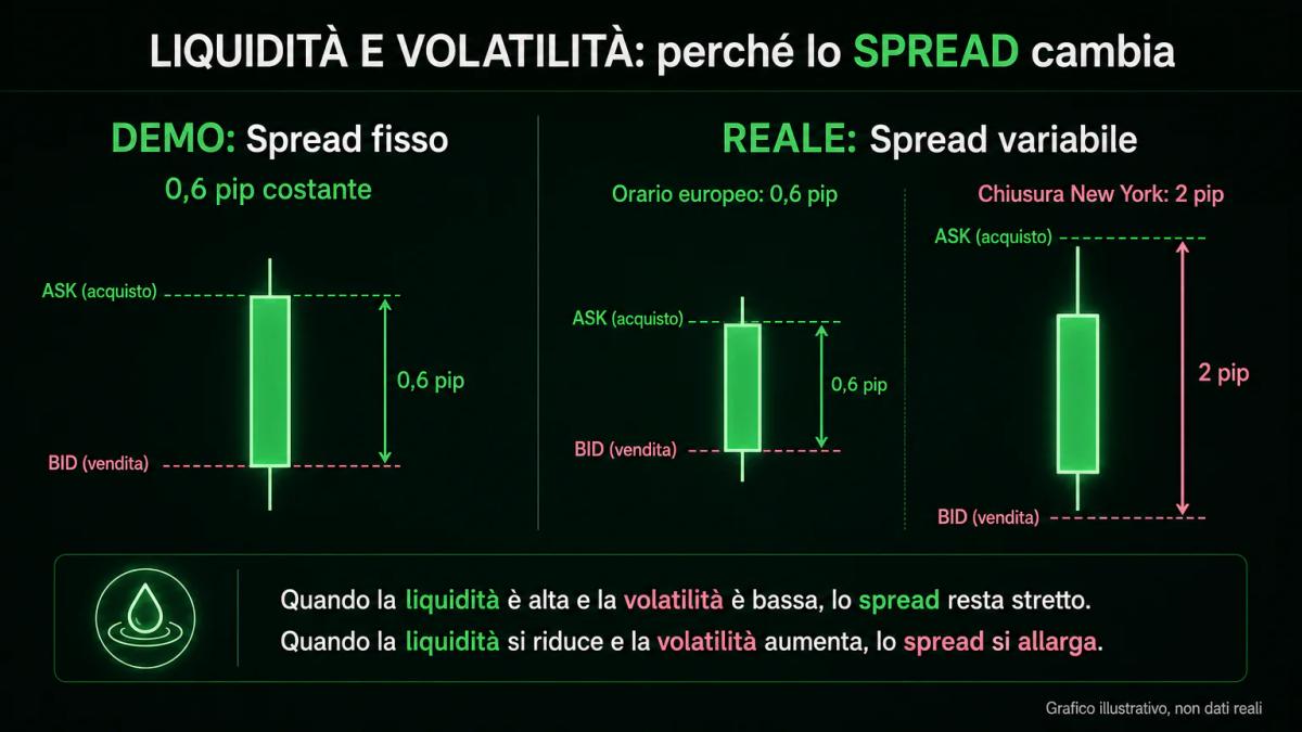 Grafico editoriale che confronta spread fisso in demo versus spread variabile in conto reale su EUR/USD in orari diversi