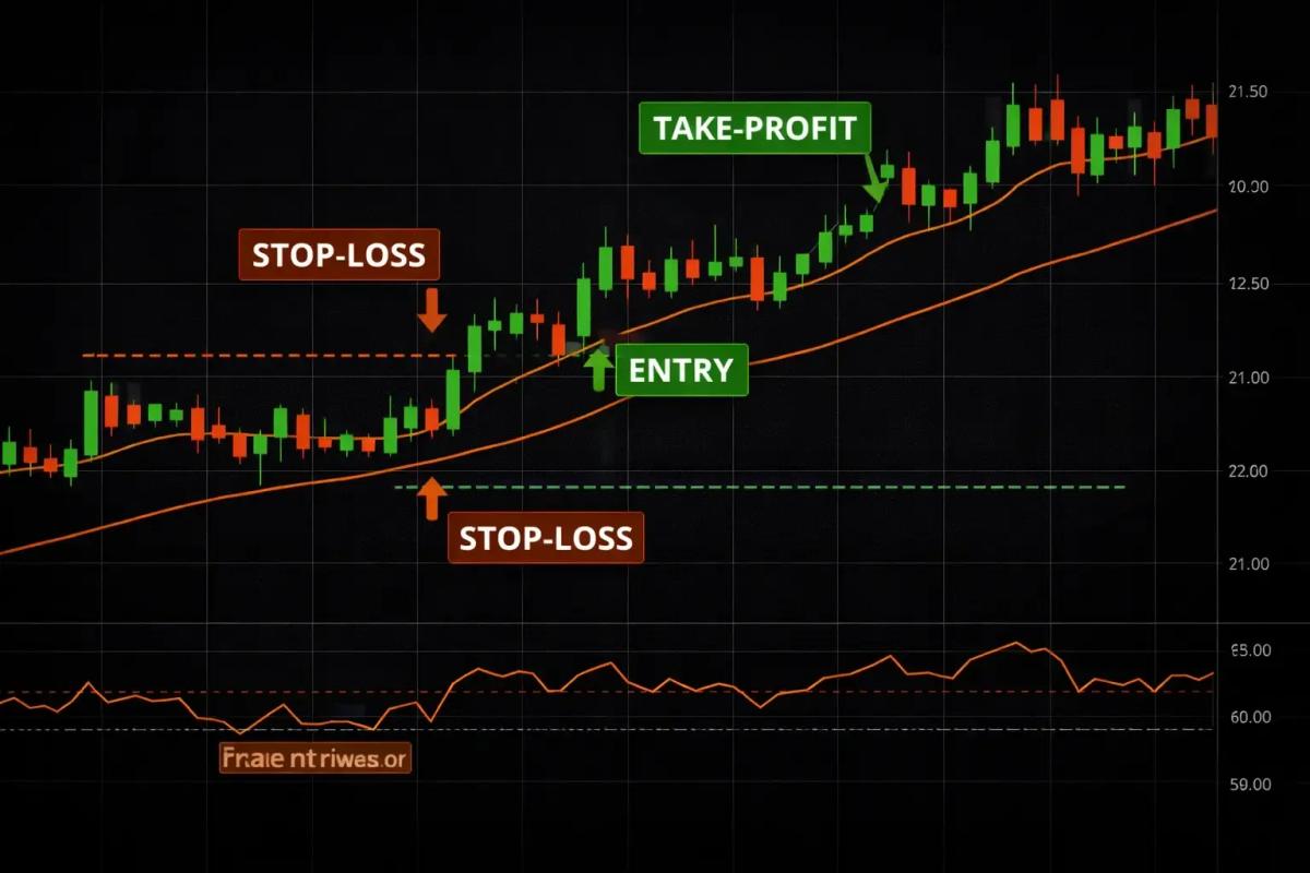 1-minute scalping trade example showing entry point stop-loss placement and take-profit exit with EMA and RSI indicators