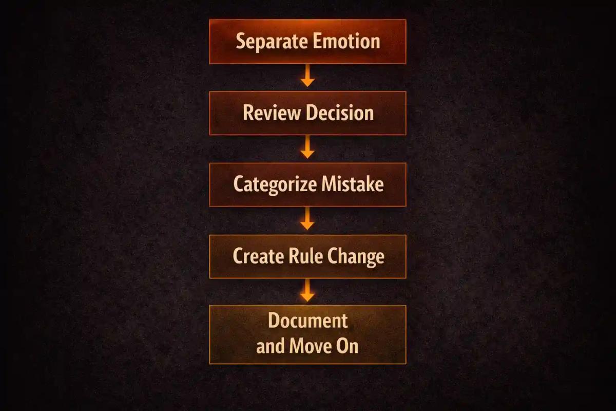 Five-step flowchart for reviewing failed trades from emotional separation to documentation