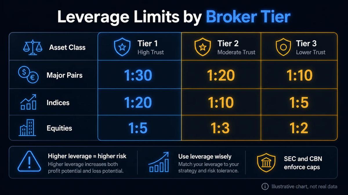 Comparison table of leverage caps across Nigerian broker licence tiers and asset classes