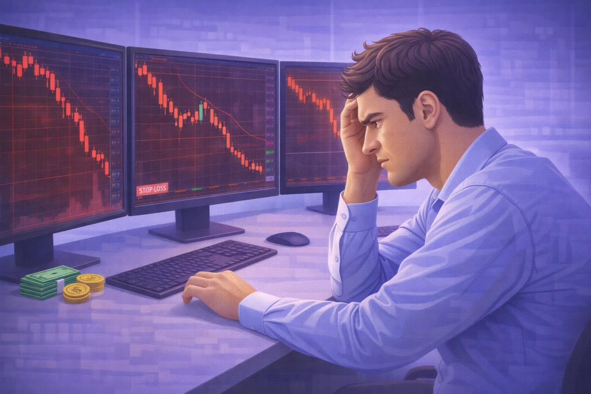 1: Trader frente a pantallas con gráficos en rojo, con expresión de reflexión o frustración