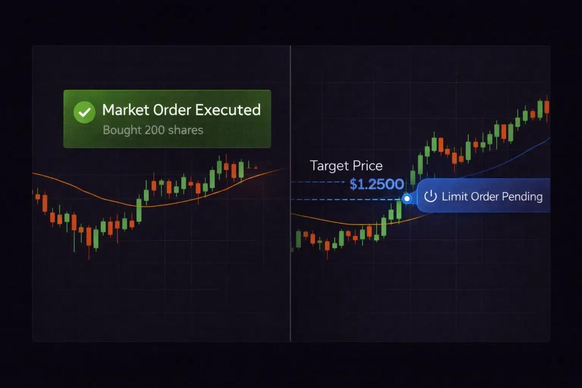 Split-screen comparison showing instant market order execution versus a pending limit order at a target price on a trading chart
