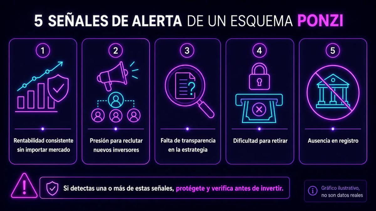 Checklist de cinco señales de alerta de esquema Ponzi: rentabilidad consistente, presión de reclutamiento, falta de transpare