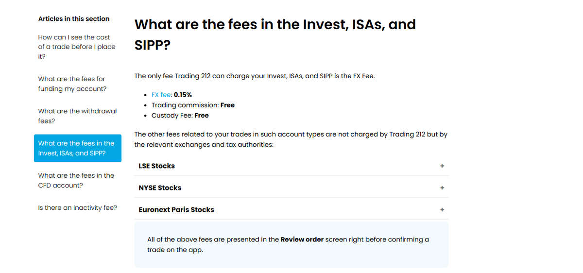 Charges and fees table for Invest, ISA and CFD, including FX conversion rates