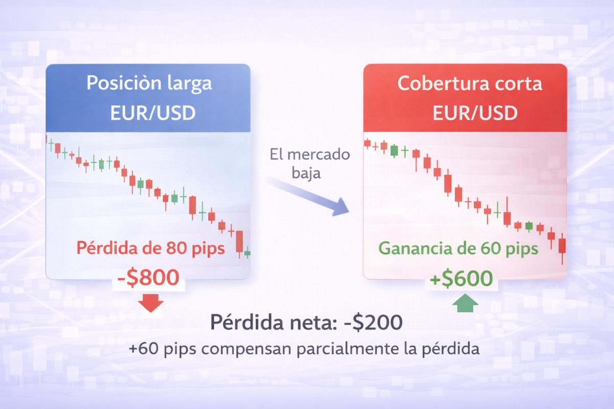 Ilustración conceptual de hedging con balanza mostrando posición larga y cobertura, con escudo como elemento central