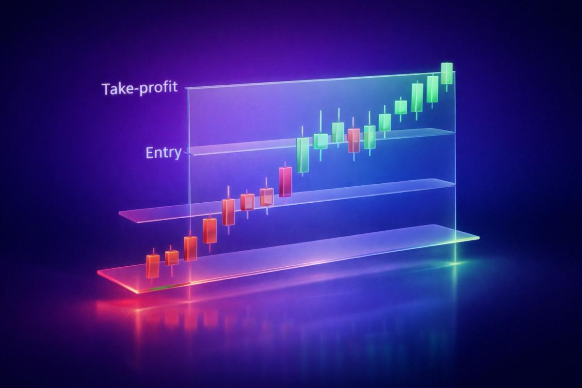 Gráfico de velas japonesas 3D con niveles de stop-loss, entrada y take-profit en glassmorphism
