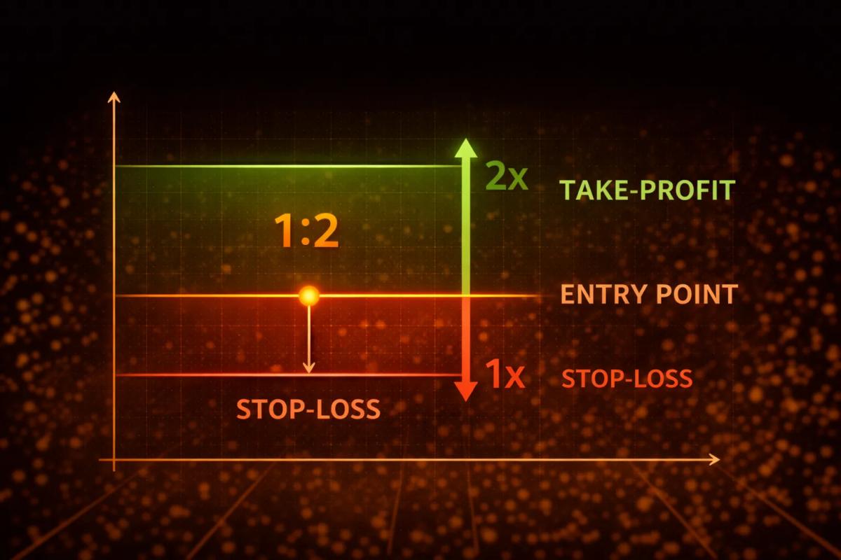 Risk-to-reward ratio diagram showing 1-2 ratio with stop-loss and take-profit levels