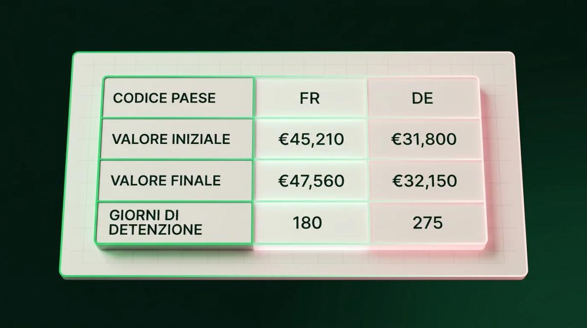 Tabella che mostra i campi obbligatori del Quadro RW: codice paese, valore iniziale, valore finale e giorni di detenzione