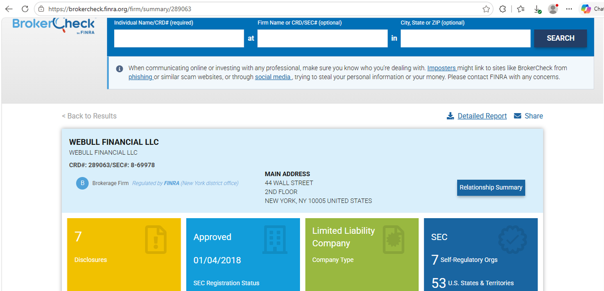 Perfil de Webull Financial LLC en BrokerCheck de FINRA (CRD 289063)