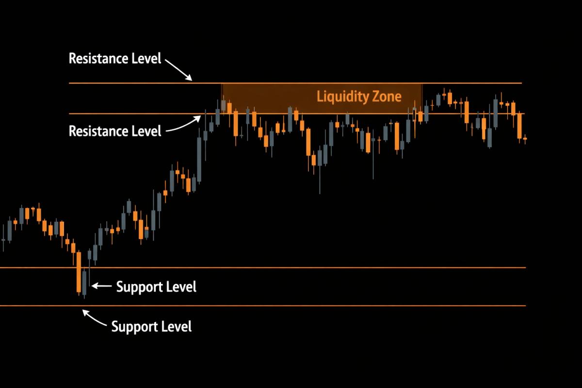 Price chart with annotated support levels, resistance levels, and liquidity zone for pre-market technical analysis