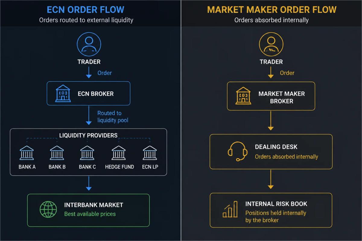 ECN vs market maker broker order flow diagram showing execution routing differences
