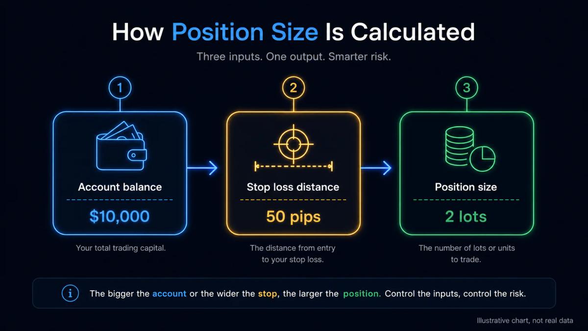 Position sizing calculation showing account size, stop distance and resulting lot quantity