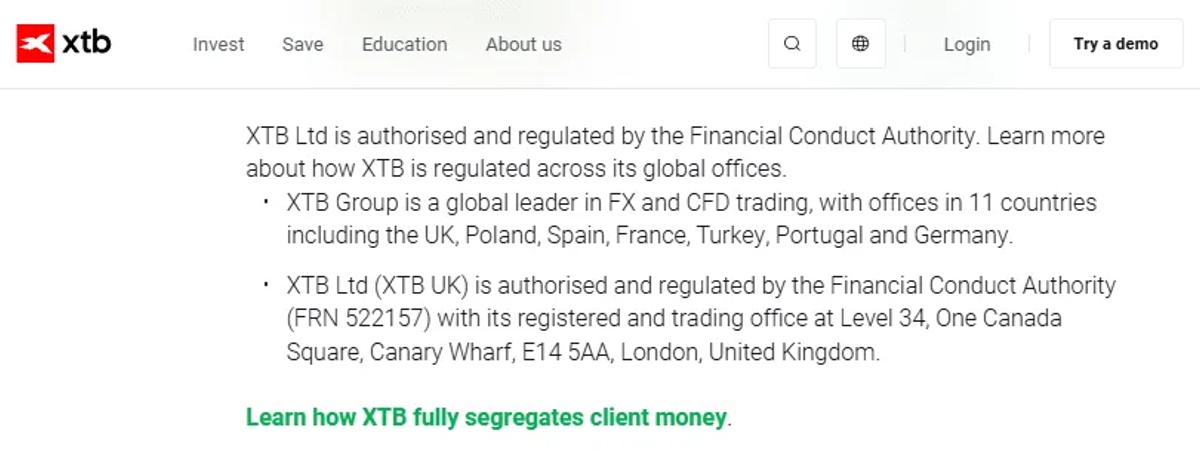 Página oficial de regulación de XTB mostrando licencias FCA, KNF, CySEC y FSC Belize