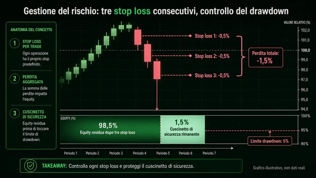 Sequenza di tre operazioni consecutive in perdita che si avvicinano al limite di drawdown giornaliero, mostrando il cuscinett