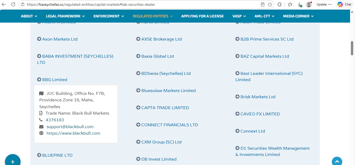 Registro FSA Seychelles che elenca BBG Limited con licenza da Securities Dealer