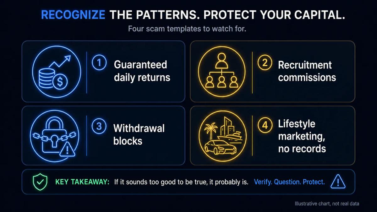 Four red-flag warning icons representing guaranteed returns, recruitment pressure, withdrawal blocks, and lifestyle marketing