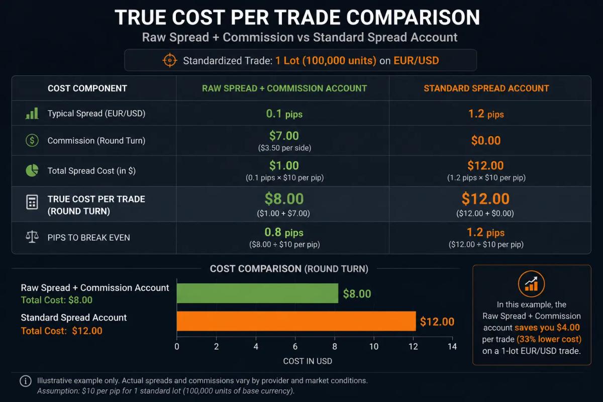 True forex trading cost comparison between raw spread plus commission versus standard spread account types