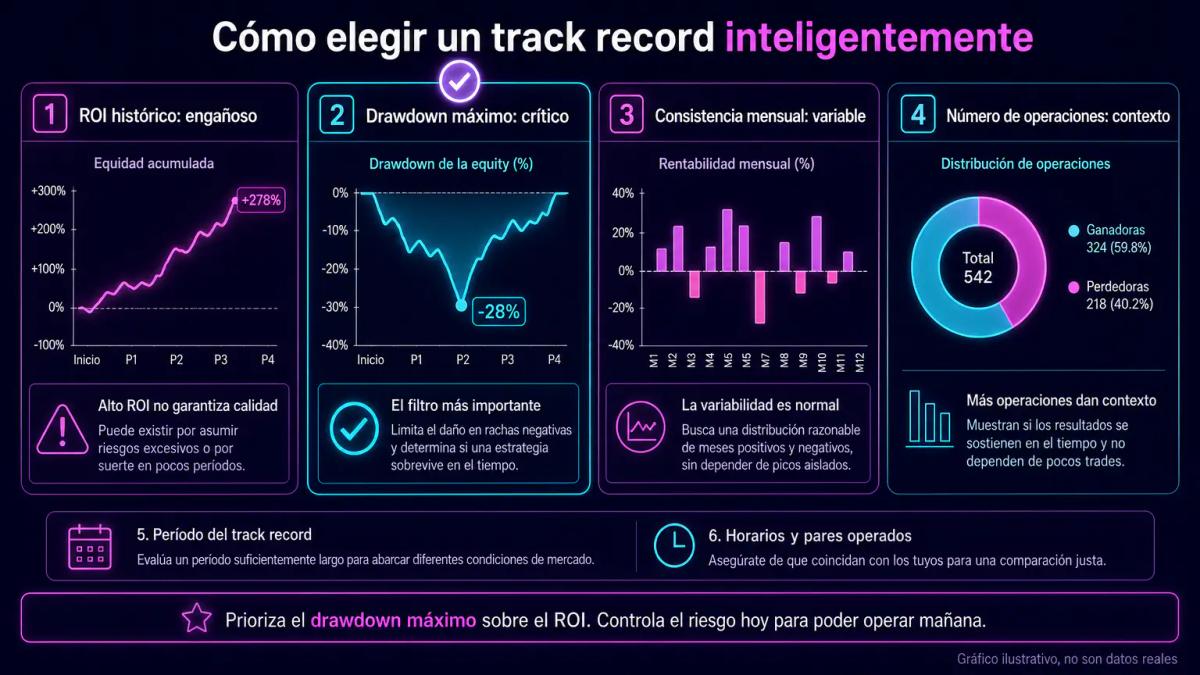 Tabla comparativa de métricas de track record: ROI, drawdown máximo, consistencia mensual y número de operaciones