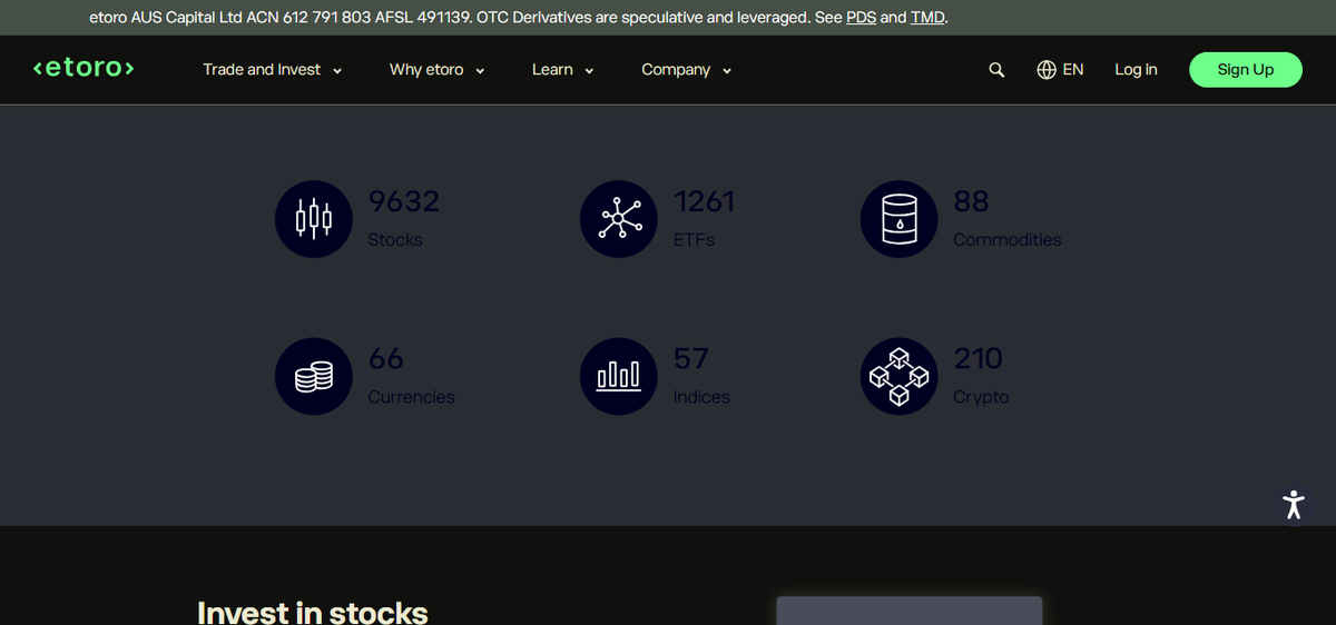 eToro Markets page listing Stocks, ETFs, Crypto, Commodities, Indices and Currencies