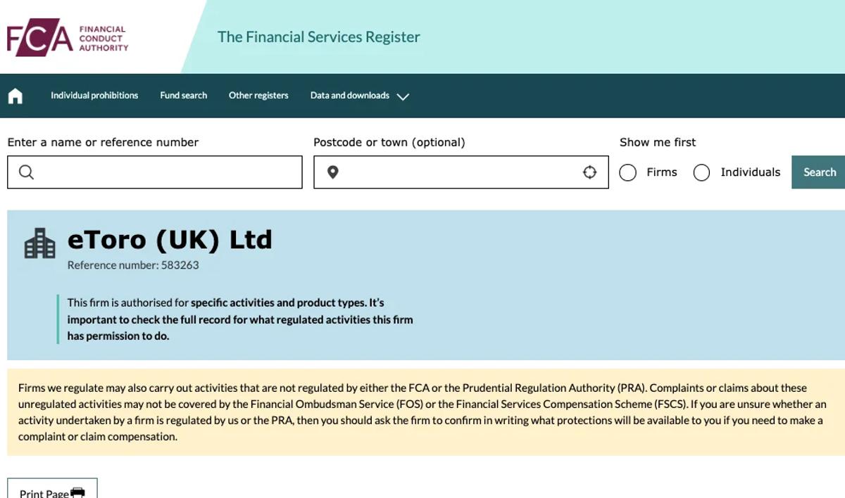 Página de regulación oficial de eToro con licencias por entidad regulatoria