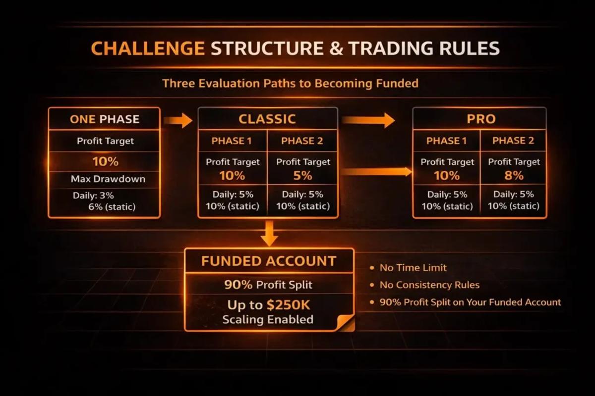 FunderPro challenge progression infographic showing profit targets and rules for each evaluation type
