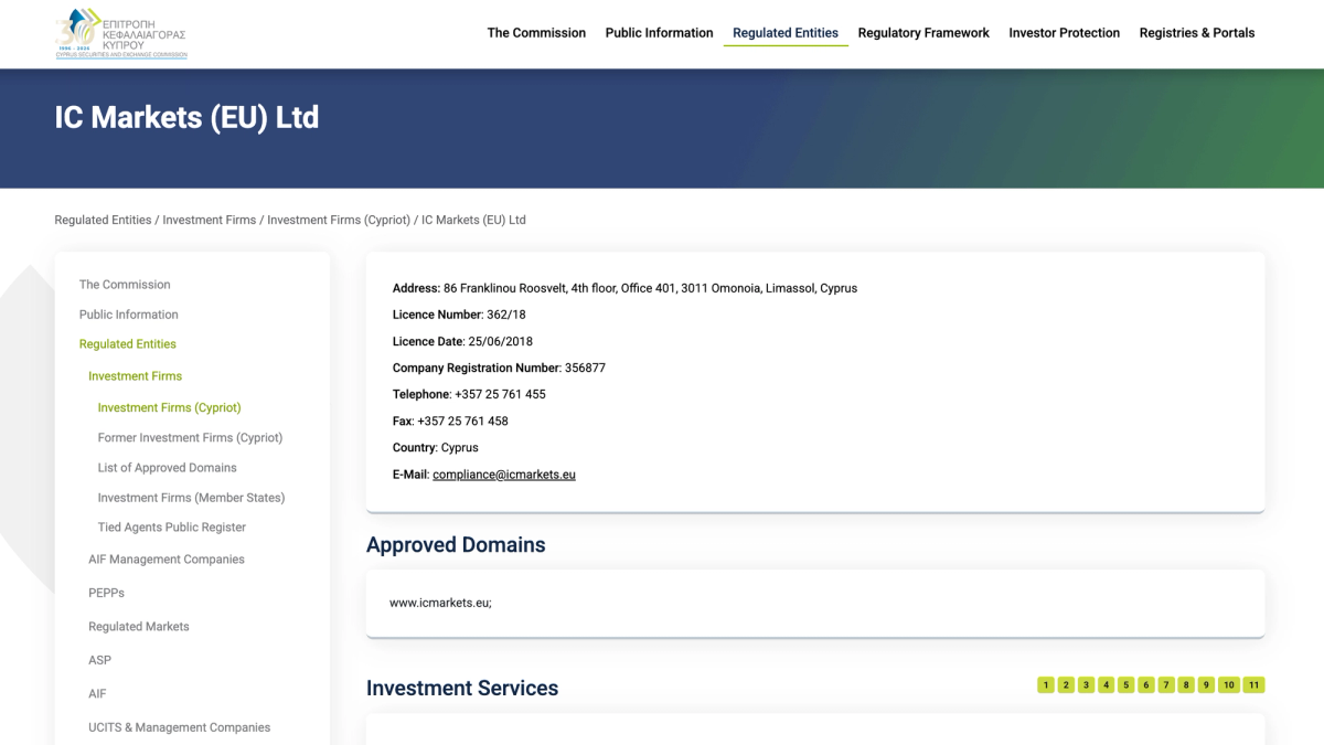Pagina del registro CySEC con la licenza 362/18 di IC Markets (EU) Ltd