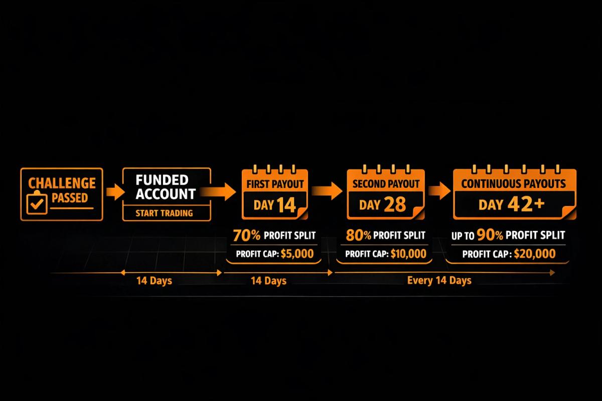 SuperFunded payout timeline showing 14-day cycles profit split up to 90 percent and profit cap details